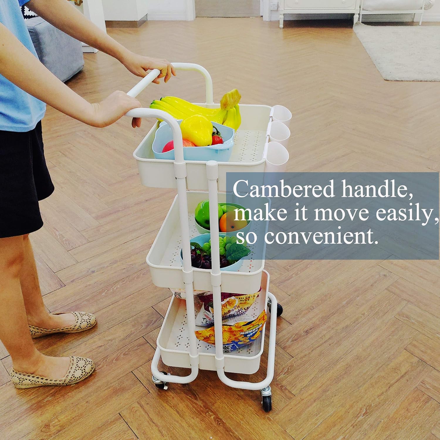 3-Tier Multifunction Rolling Cart Utility Storage Shelves Cart with Hanging Cup Lockable Wheels and Handle for Office Living Room Kitchen Bathroom (White)