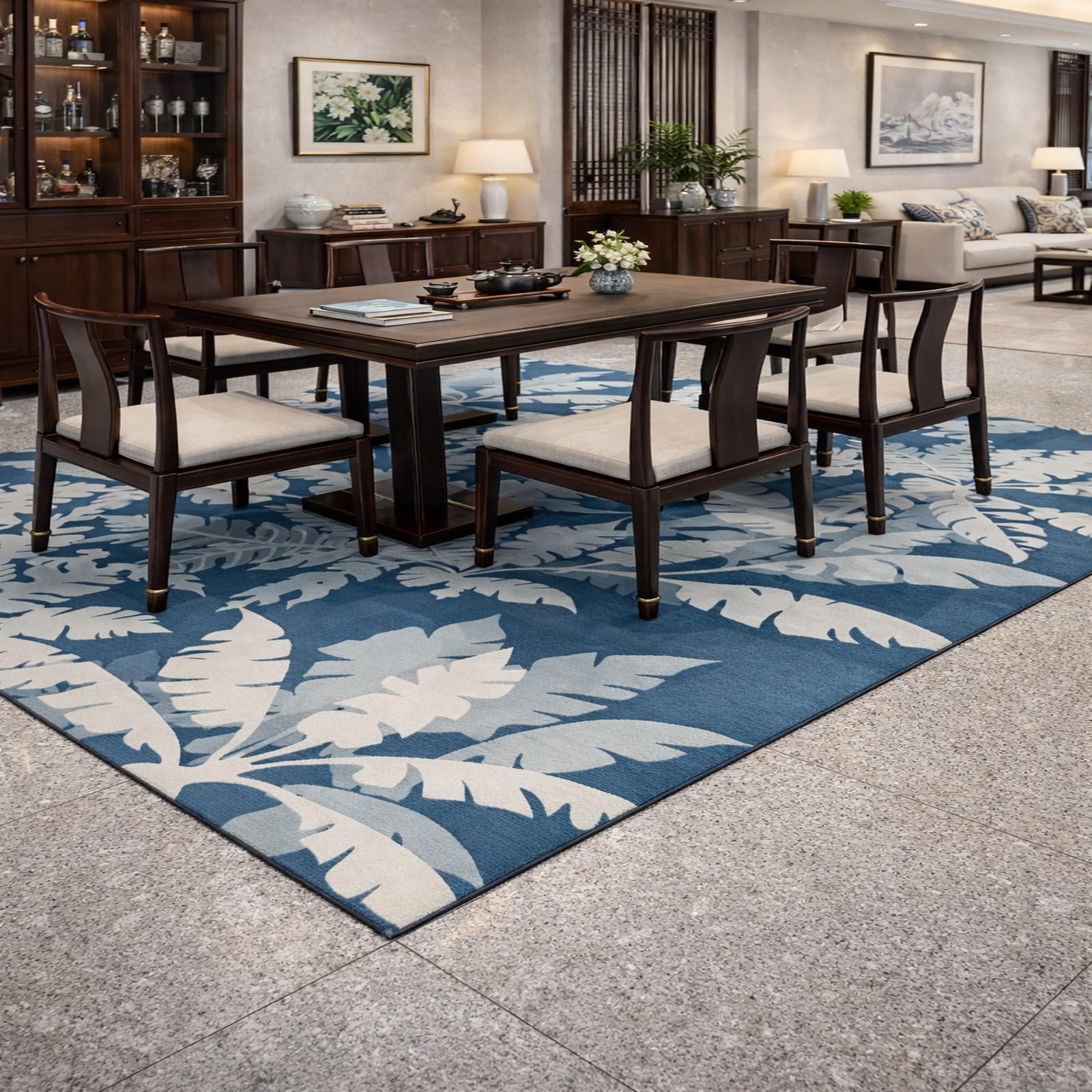 Tapis de salon bleu floral résistant aux taches pour entrées et salons