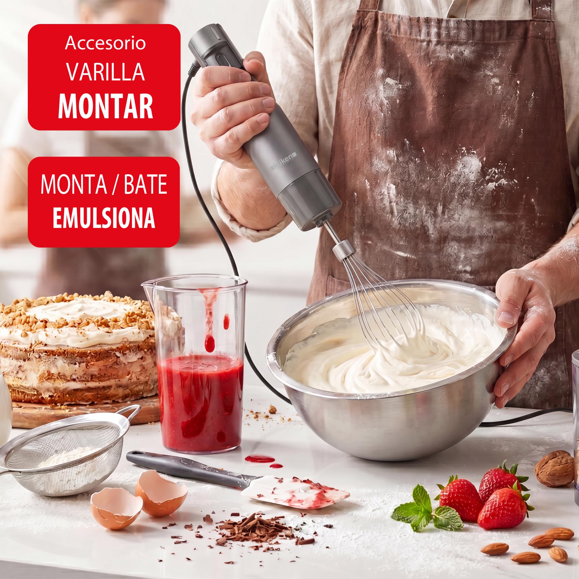 KUKEN Batidora De Mano 1000W Con Accesorios, Minipimer Profesional Con 9 Velocidades, Batidora Brazo Inox Con Pantalla LCD, Picadora, Varillas Y Vaso Graduado