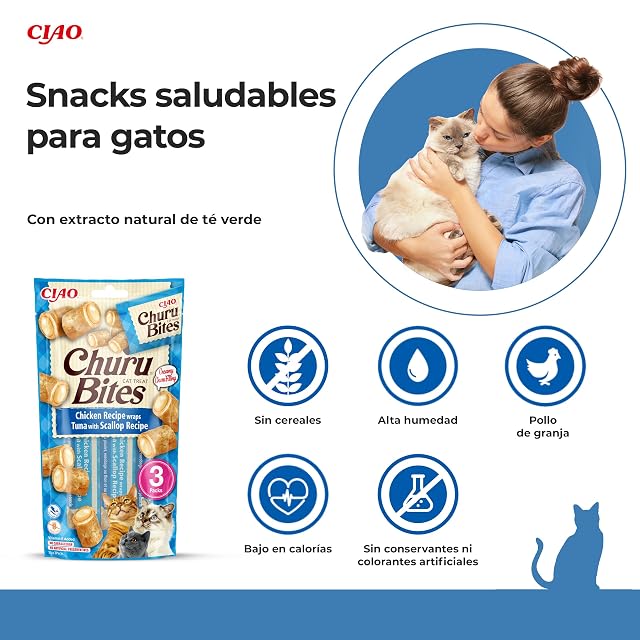 Foto 3 de 6 de INABA Churu Bites Tuna & Scallop - Snacks para Gatos - Premios Saludables - Golosinas Crujientes y Cremosas