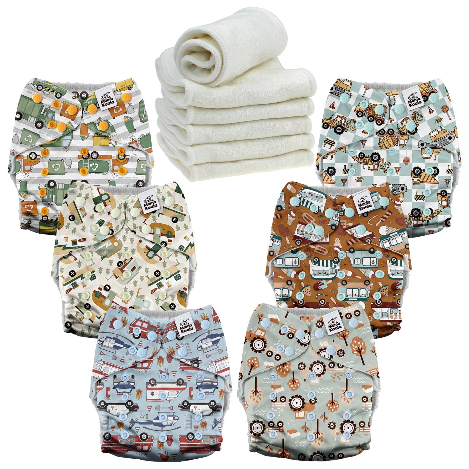 Mama Koala 6 Pack Reusable Cloth Diapers 3.0 for Babies Girls Newborn, One-Size Adjustable Baby Diaper, Durable Stitching, Back Opening for Inserts, Breathable Awj Lining, Leak Prevention-Vroom Crews
