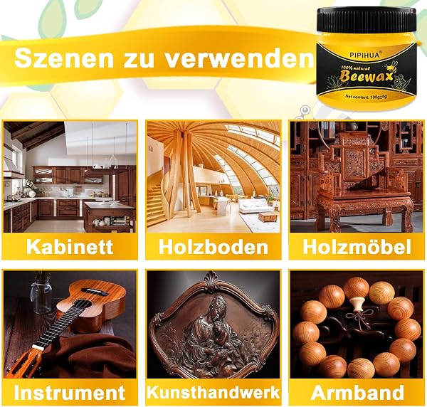 PIPIHUA Cera D'Api Naturale, Per La Cura Del Legno, Cera Impermeabile, Dei Mobili E Protezione Legno Di In Lucidante Mobili, 2 X 100g Con 4 Spugne - 5