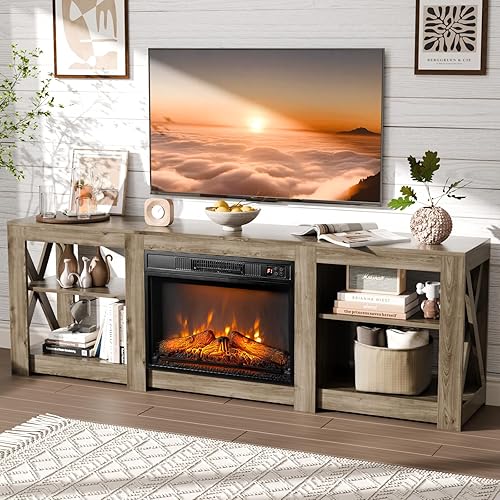 VINGLI Fireplace TV Stand for up to 80 inch TVs, Farmhouse Entertainment Center with Electric Fireplace Heater & Adjustable Shelves, Fireplace Media Console Table for Living Room, Gray Oak