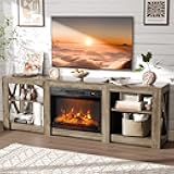 VINGLI Fireplace TV Stand for up to 80 inch TVs, Farmhouse Entertainment Center with Electric Fireplace Heater & Adjustable Shelves, Fireplace Media Console Table for Living Room, Gray Oak