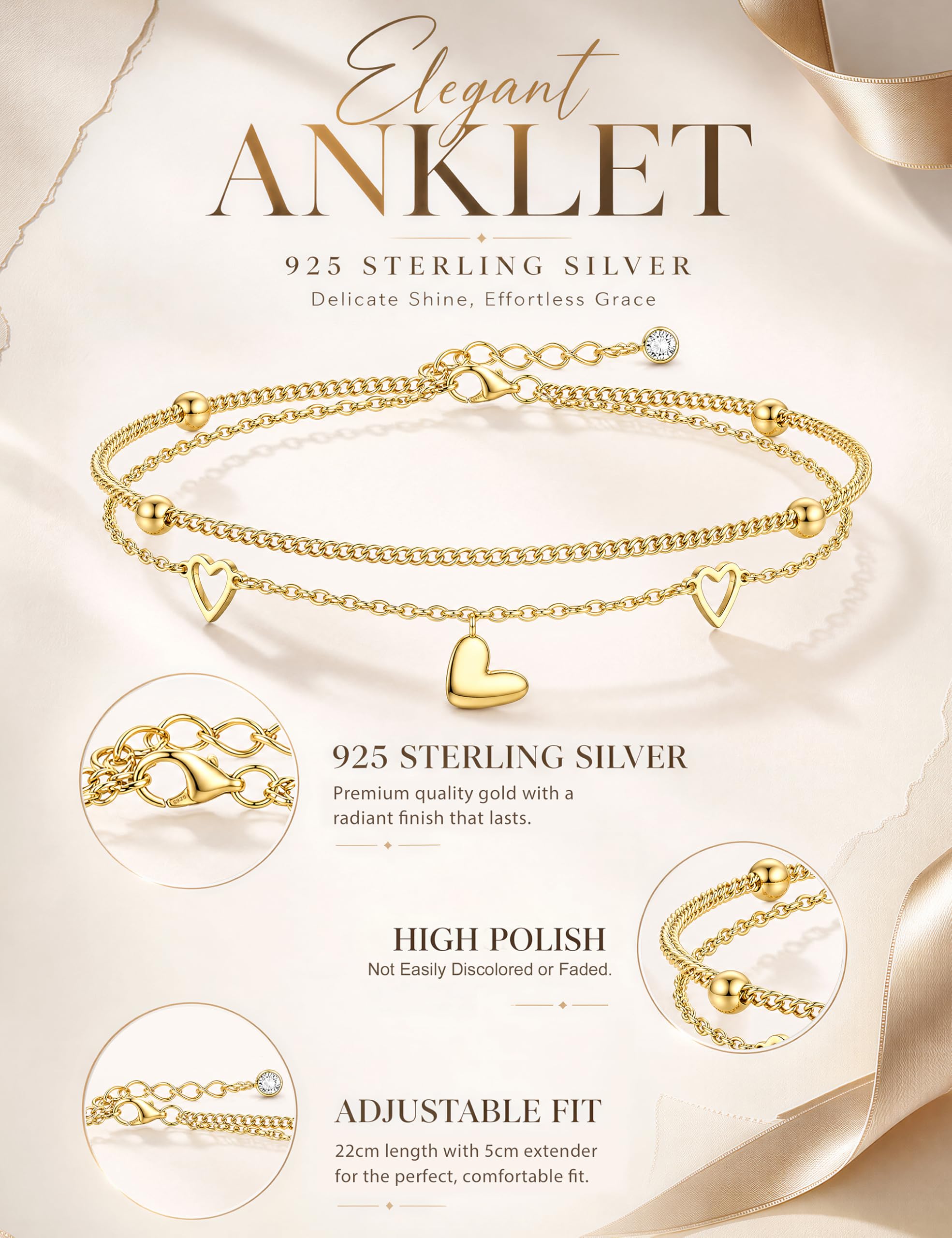 CASSIECA Cavigliera Donna Cavigliera Argento 925 Impermeabile Cavigliera Argento Oro Cavigliere Regolabile con Zirconi Cuore Perla Gioielli Spiaggia
