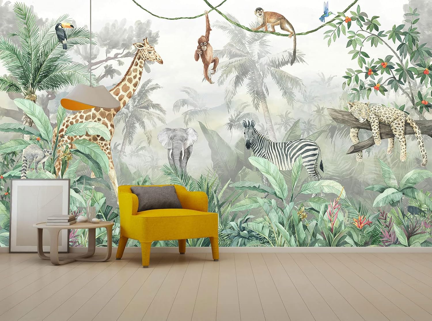 Reyhui Kids Wallpaper Tropical Leves and Safari Animals Wall Mural for Wall Bedroom Living Room TV Background Sofa Wall（Not Peel and Stick）