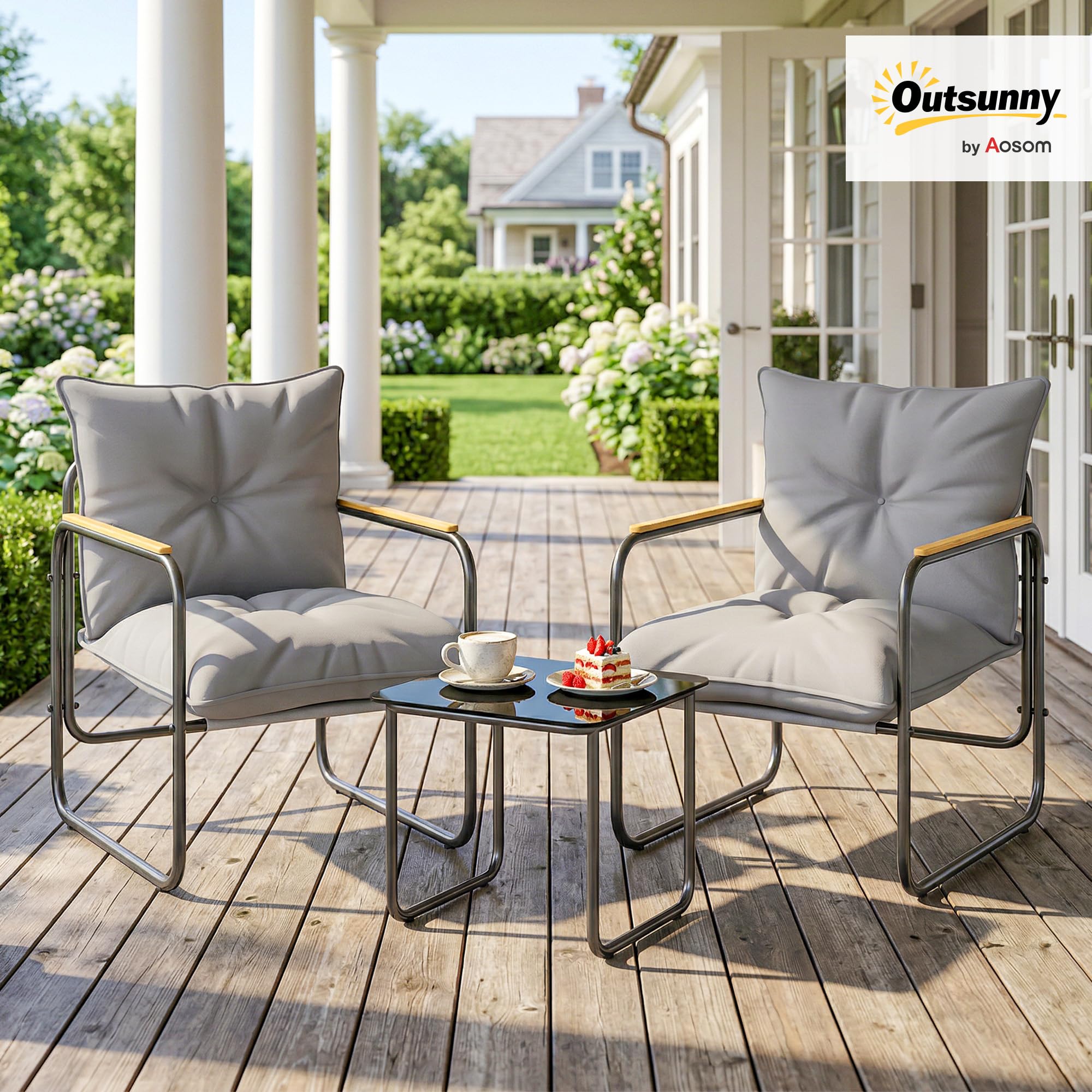 Outsunny Set da Bistrò 3 Pezzi, Set da Giardino in Metallo con 2 Sedie Texteline, Tavolo in Vetro, Cuscini Spessi, Grigio Scuro