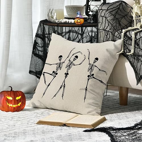 Miniatura 6 de JOOCAR Fundas de almohada de calavera de Halloween, diseño de esqueleto, divertida funda de cojín para sofá, decoración del hogar, 22 x 22 pulgadas,