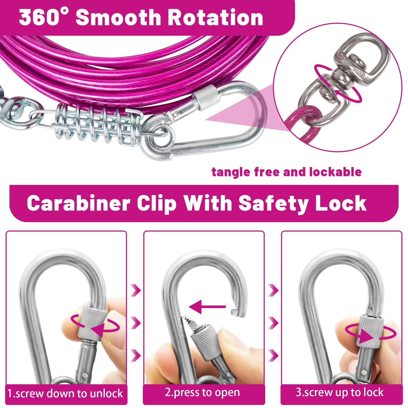 HaiYUAN Dog Tie Out Cable 10/15/20/25/30FT Dog Run Cable Rosy Pink/Blue/Purple/Silver/Red/Green/YellowTie Out Cable for Large Dogs Heavy Duty for Outside Hold Large Dogs Up to 250LBS - Image 3