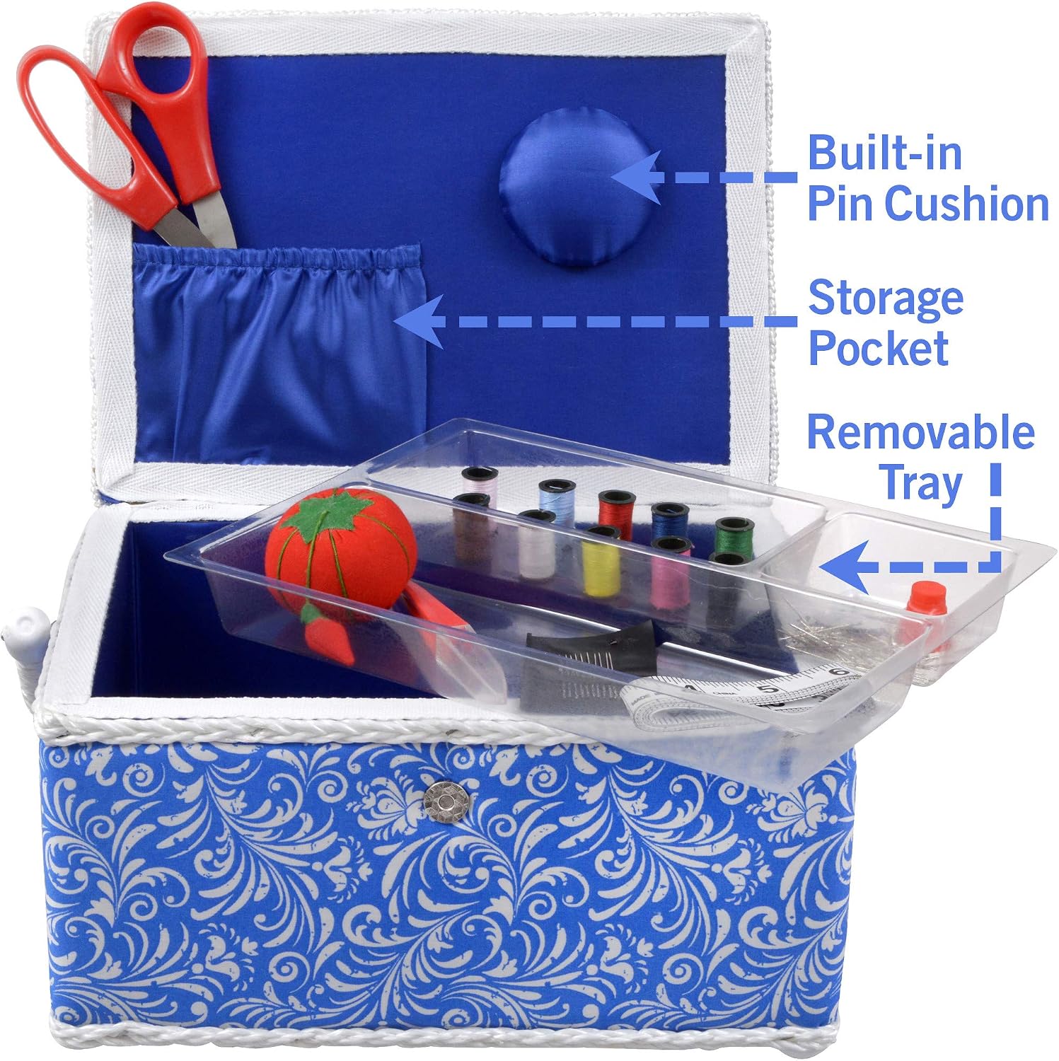 SINGER 07228 Sewing Basket with Sewing Kit, Needles, Thread, Pins, Scissors, and Notions, Deliah Scroll