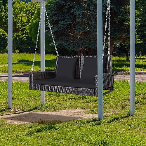 Miniatura 3 de Happygrill Banco de columpio para porche al aire libre para 2 personas con cojines suaves, cadena de acero reforzado de 7.9 pies, marco de acero