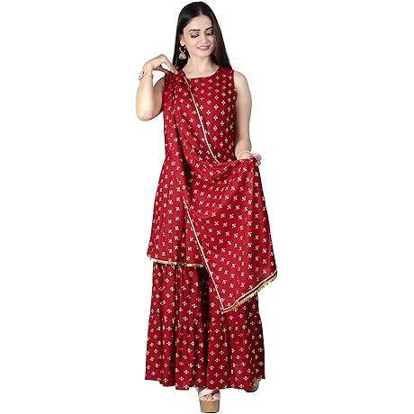 Kurti Sharara & Dupatta Set For Women: Rayon Tunic Suit Sets Indian Summer Dress