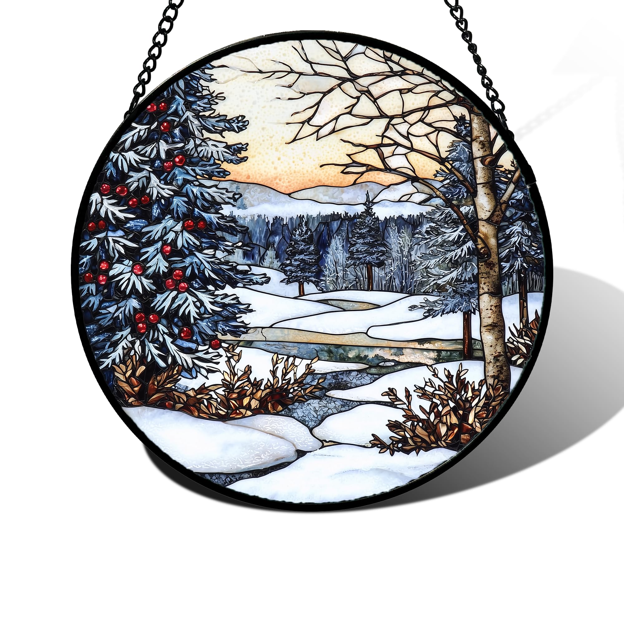 Winter Snow Scene Stained Glass Window Hanging Suncatcher Gifts 9.8"