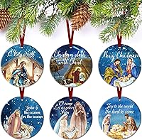 Vista 8 de Karenhi 6 adornos de Navidad de Navidad de Noche Santa, adornos religiosos cristianos para árbol de Navidad, cerámica redonda de Jesús, Belén