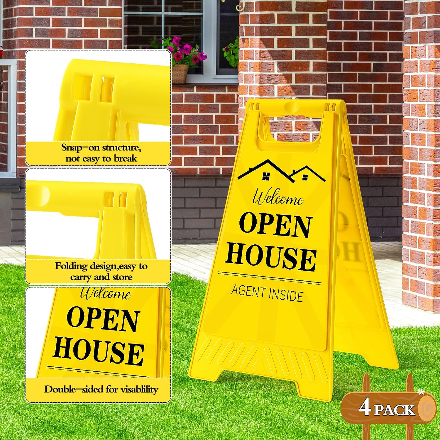 4 Pack Open House Signs for Real Estate, 17.5" Height, Bright Yellow Double Sided Real Estate Flag A-shaped, Property Yard Sale Posters Directional Arrows for Agent Supplies