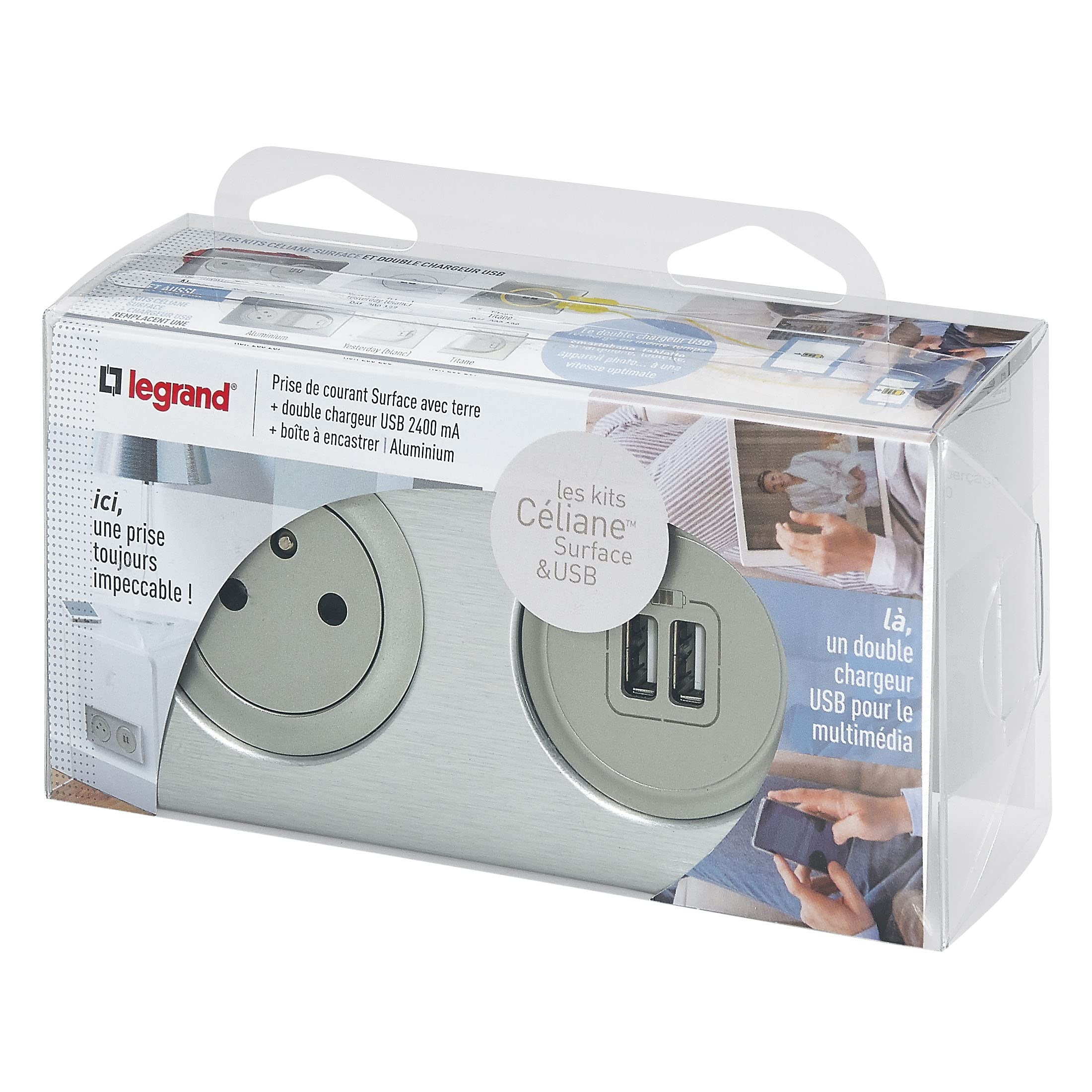 LEGRAND - Prise Electrique Murale + Double Chargeur USB Céliane Surface avec Plaque et Boîte à Encastrer - Prise Affleurante avec Socle Rétractable - Alu