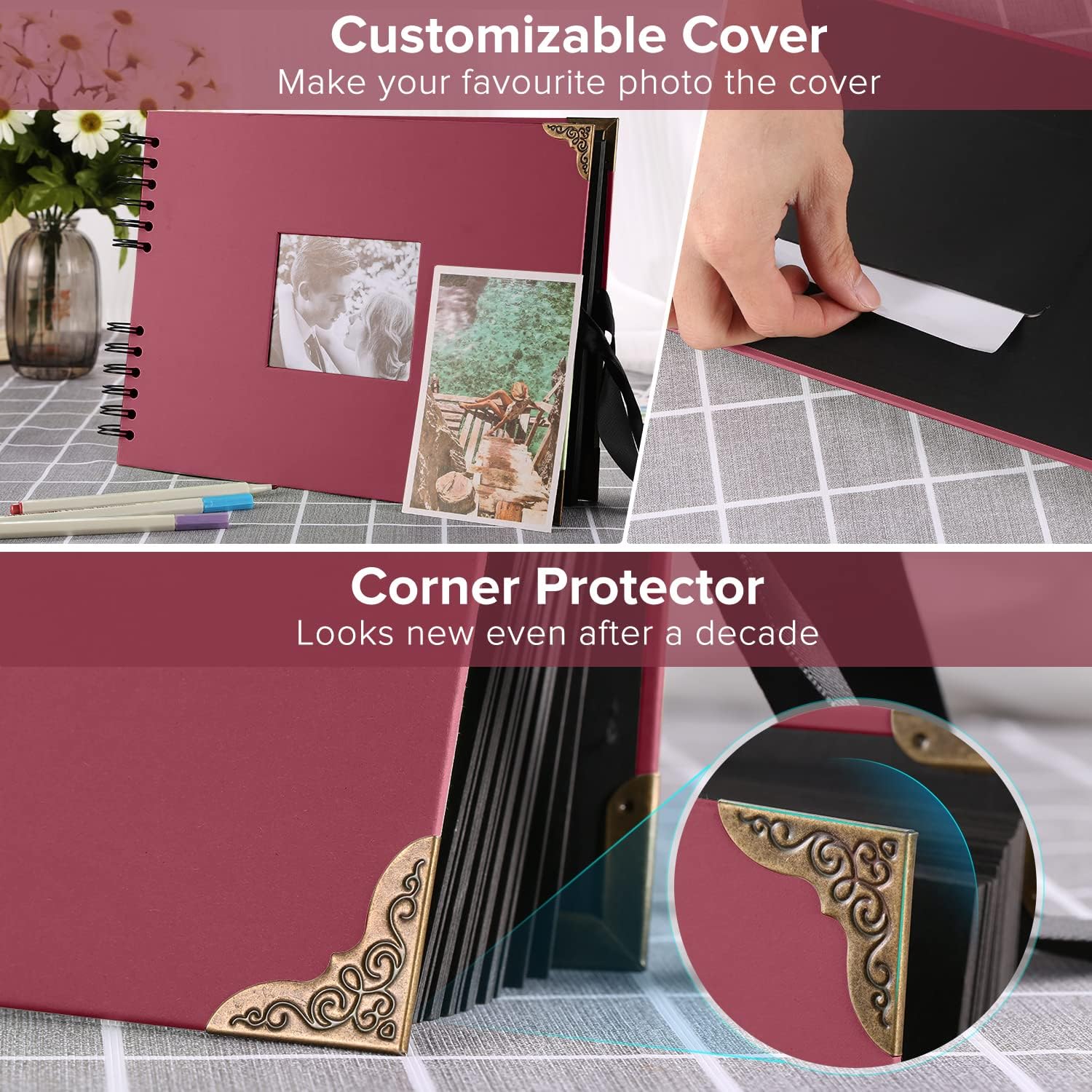 DazSpirit Scrapbook Photo Album, 29.5 X 21 Cm Wedding Guest Book Black Pages, Interchangeable Cover - Image 5