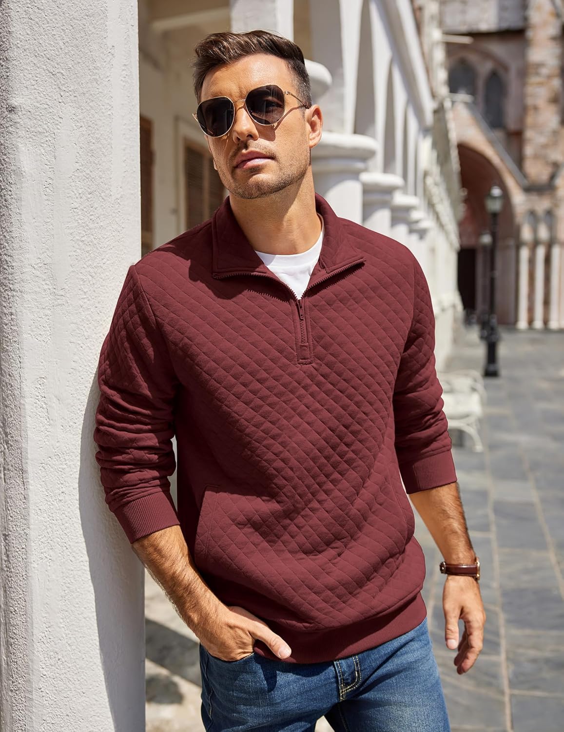 COOFANDY Mens Quarter Zip Pullover Quilted Sweatshirt Knit Long Sleeve Mock Neck Sweater Polo with Pocket - Image 7