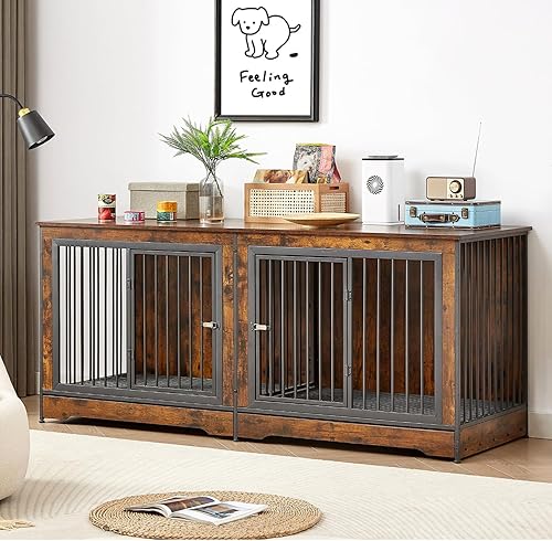 Mueble grande de 75 pulgadas para perros grandes o 2 perros medianos, jaula de madera para perros con bandeja extraíble y divisor extraíble, soporte