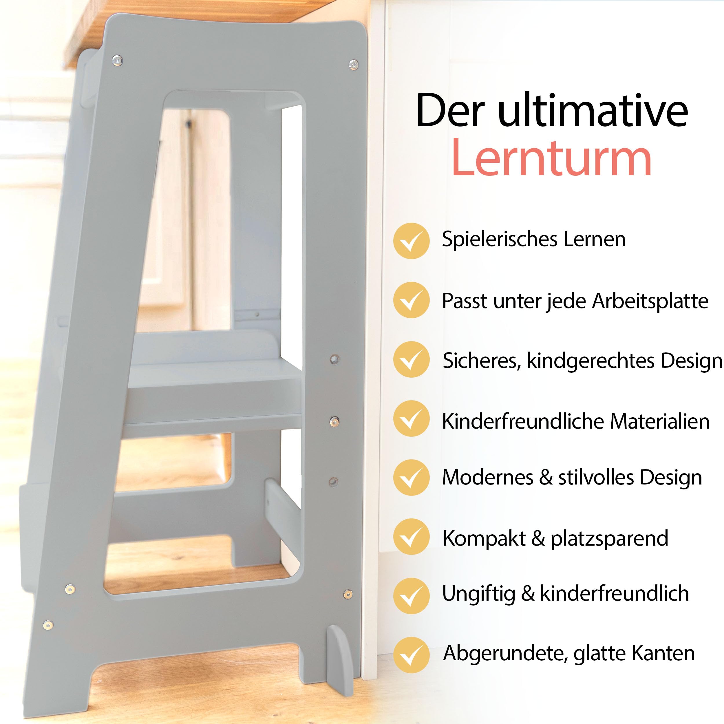 Stepup Baby Montessori Lernturm Tritthocker | Hochstuhl | Höhenverstellbar | Küchenhelfer | Sicherheitsgeländer | Für Kinder von 18 Monaten bis 5 Jahren - Grau