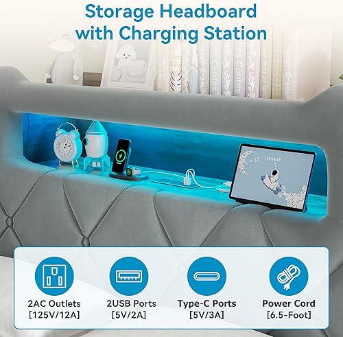 Miniatura 6 de Base de cama LED tapizada tamaño Queen con 2 cajones de almacenamiento y cabecera de almacenamiento de 2 niveles, cama de plataforma de terciopelo