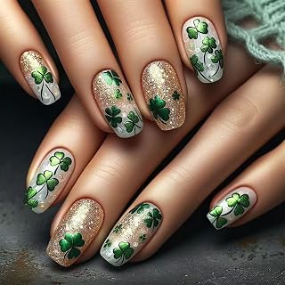 24Pcs St. Patrick's Day Press on Nails Medium Square Fake Nails with Gold Glitter Design Irish Green Shamrocks False Nails Lucky Clover Artificial Acrylic Stick on Nails for Women DIY Manicure Salon