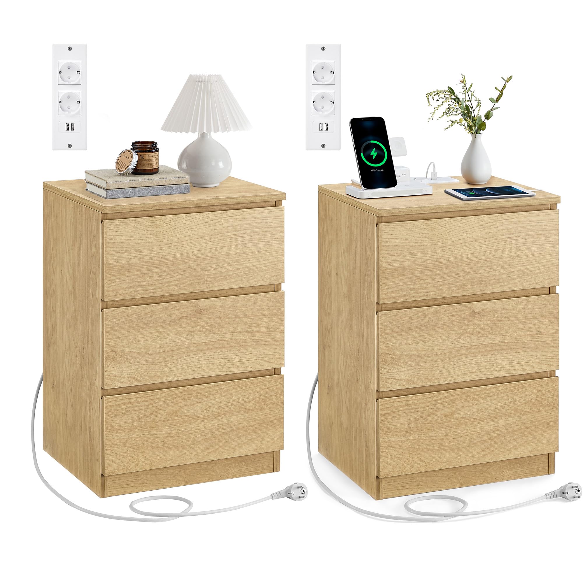 VASAGLE Kolekcja Kailyn - stolik nocny z listwą zasilającą, zestaw 2 stolików bocznych z 3 szufladami, 2 gniazda AC, 2 porty USB, do salonu, sypialni, biura, nowoczesnego, słomkowego żółtego LET831Y70