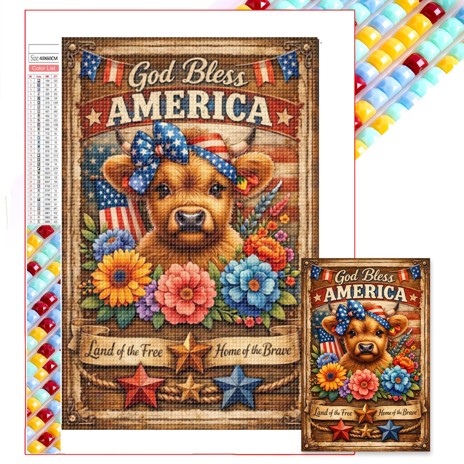 POETRYDRAW God Bless America Highland Cow Diamond Art Painting Kit 17.72x29.53in 5D Square Drill Rhinestone Art Crafts for Adults & Beginners Gift
