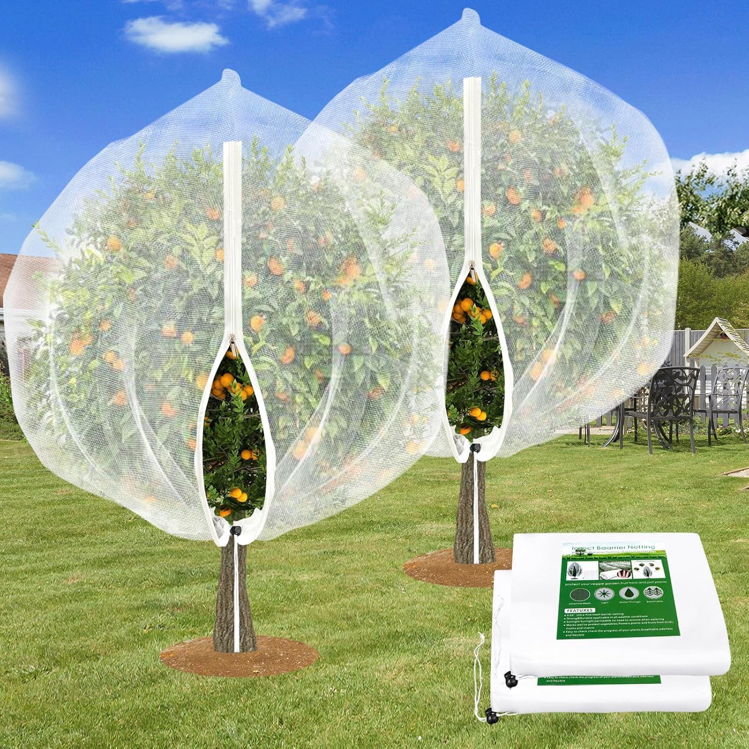 2PCS Large Fruit Tree Netting with Drawstring and Zipper,8 * 8FT Garden Netting for Garden Protection,Insect Bird Netting for Fruit Trees,Protection from Anti Birds,Bugs,Cicadas (6 * 6FT (2PCS))
