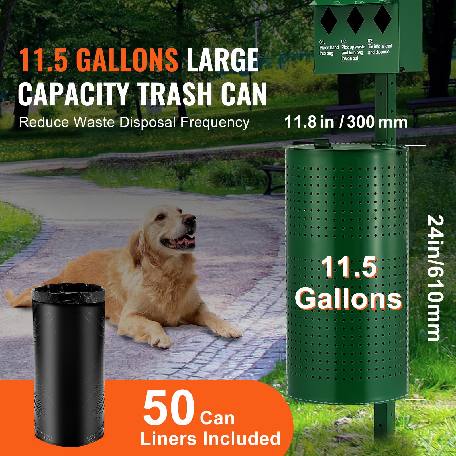 VEVOR Station Collecte Déjections Canines, Bouteille Lave-mains, Capacité Poubelle 43 L, 50 Sacs de Doublure, Distributeur de Sacs, 600 Sacs à Déchets, Élimination Crottes Canine Extérieur pour Parc