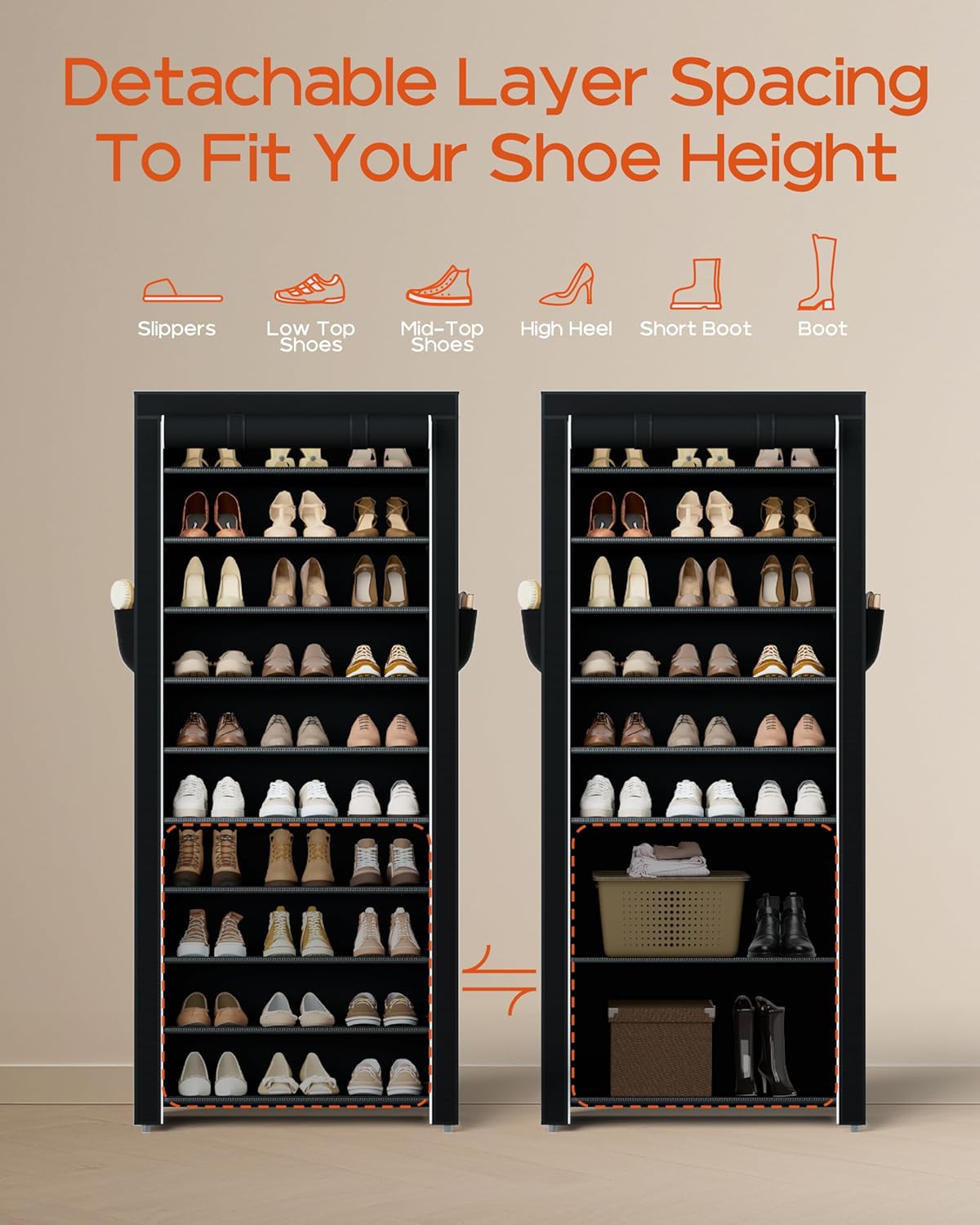 CASAMAYA Shoe Rack with Covers, 10 Tiers Tall Shoe Rack Organizer, Large Capacity Shoe Shelf Storage, Hold 30 Pairs of Shoes, Vertical Shoe Storage Organizer for Closet, Entryway, Black, SRT103B01