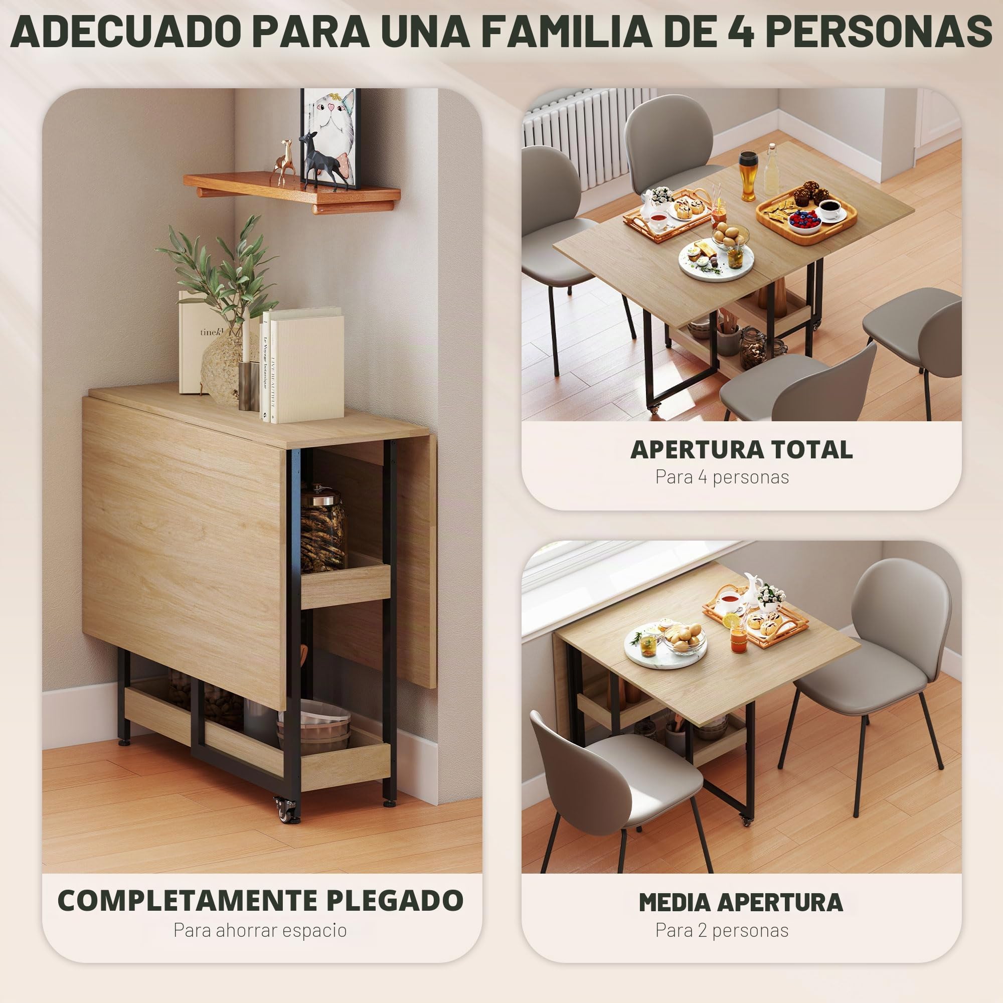 HOMCOM Mesa de Comedor Plegable Extensible sobre Ruedas para 4 Roble | Mesa de cocina rectangular plegable, estantes abiertos, ahorra espacio, comedor