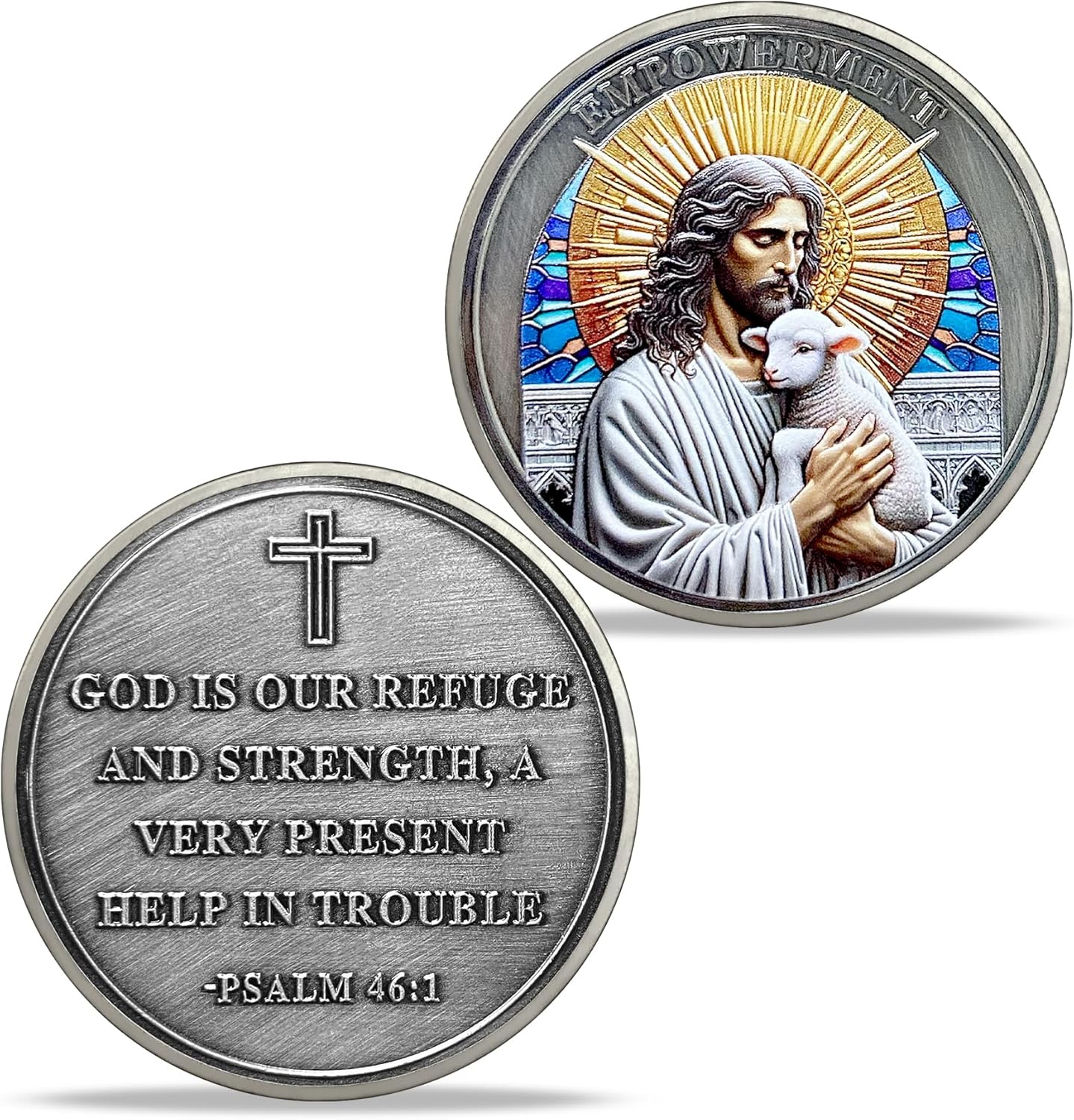 Jesus Christ with Lamb Challenge Coin, Christian Prayer Token with Antique Silver Plating Psalm 46:1 Religious Coins