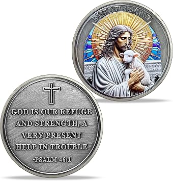 Jesus Christ with Lamb Challenge Coin, Christian Prayer Token with Antique Silver Plating Psalm 461 Religious Coins