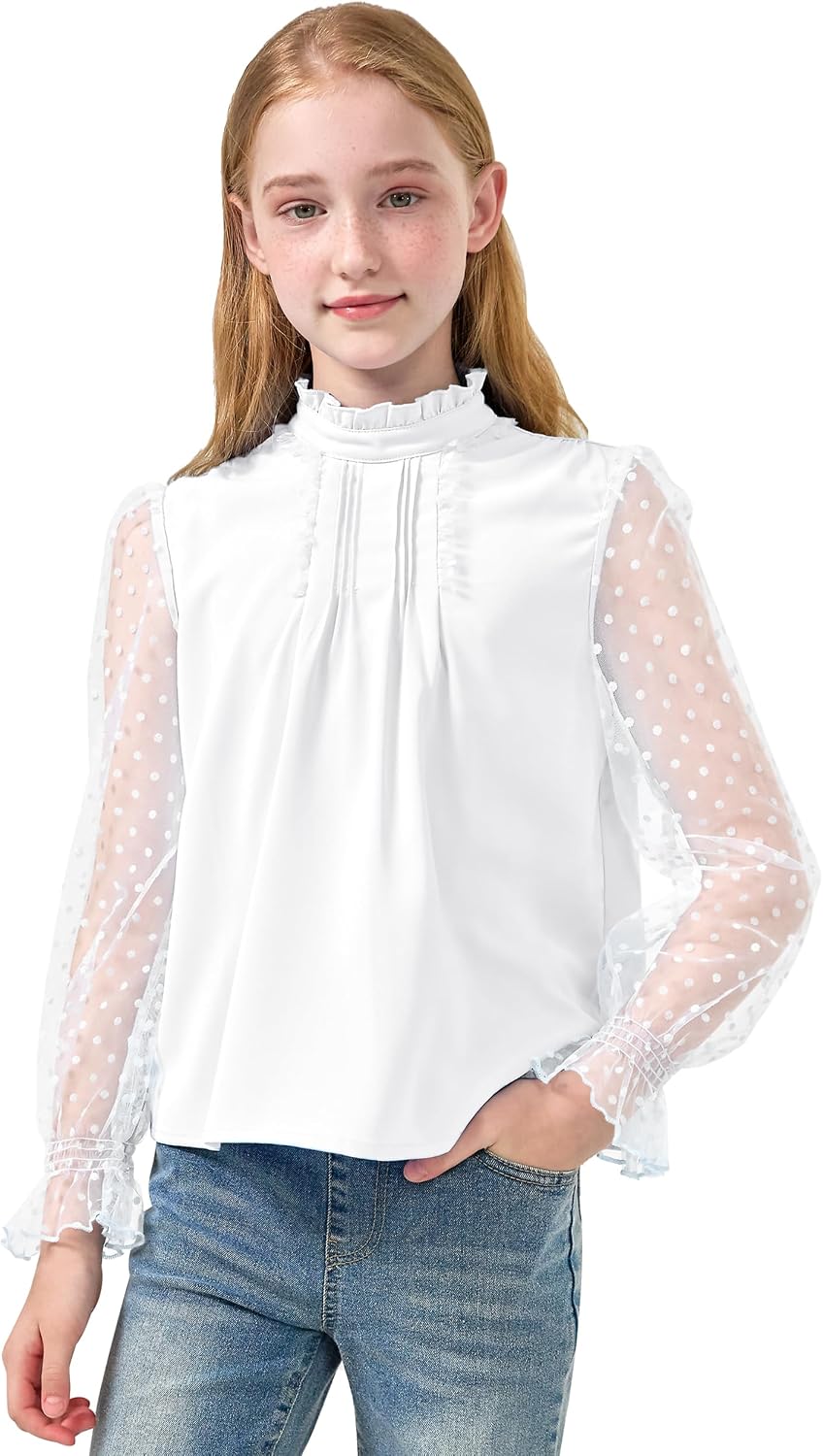Rolanko Girls Long Sleeve Shirts Chiffon Blouses with Polka Dot Ruffle Cuffs Cute Frill Neck Tops for Girls Spring Fall 7-13Y