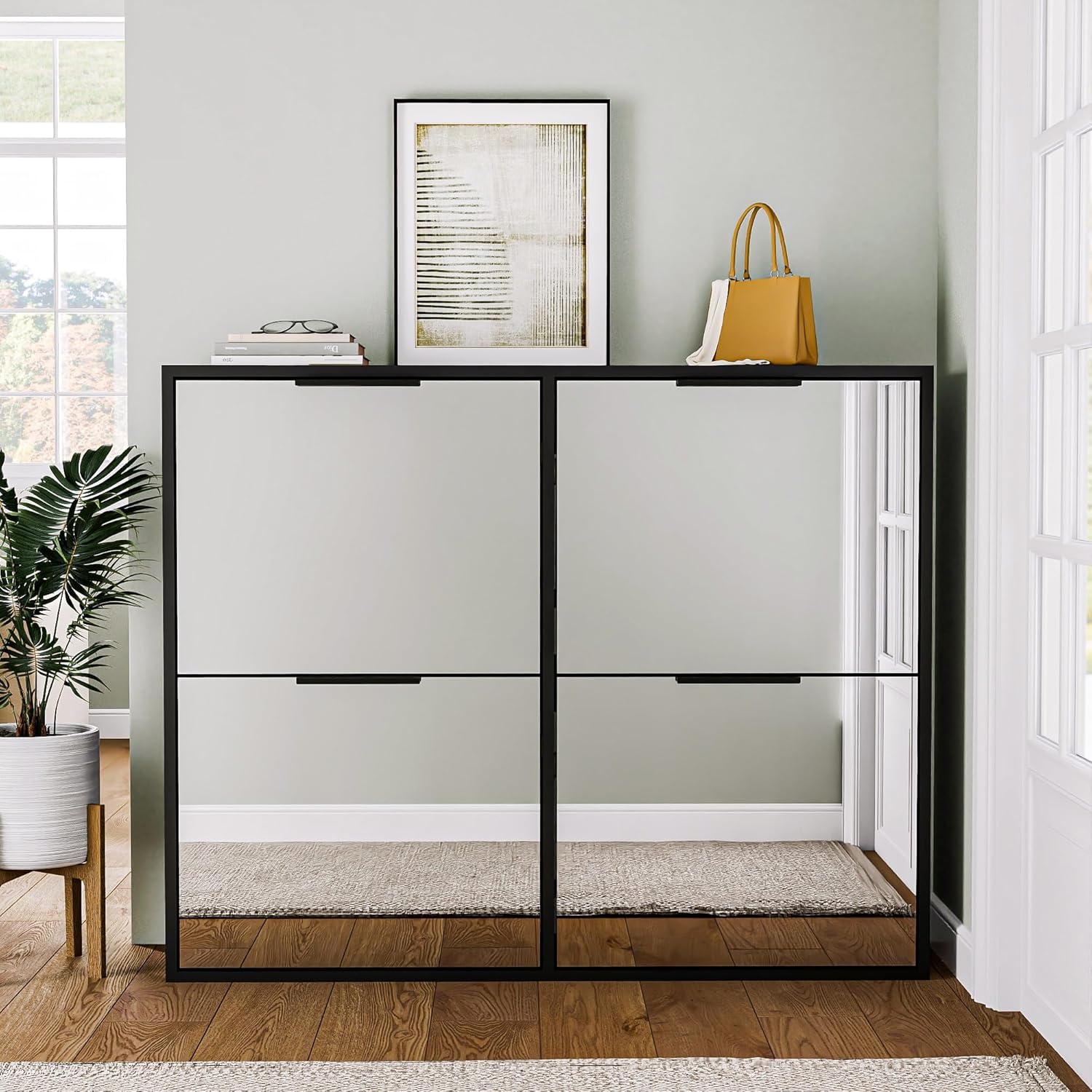 UEV Shoe Cabinet with 4-Flip Mirror Drawers, Freestanding Shoe Rack Organizer with Hidden Handle, Wide Slim Shoe Storage Cabinet for Entryway, Entrance, Hallway, Bedroom