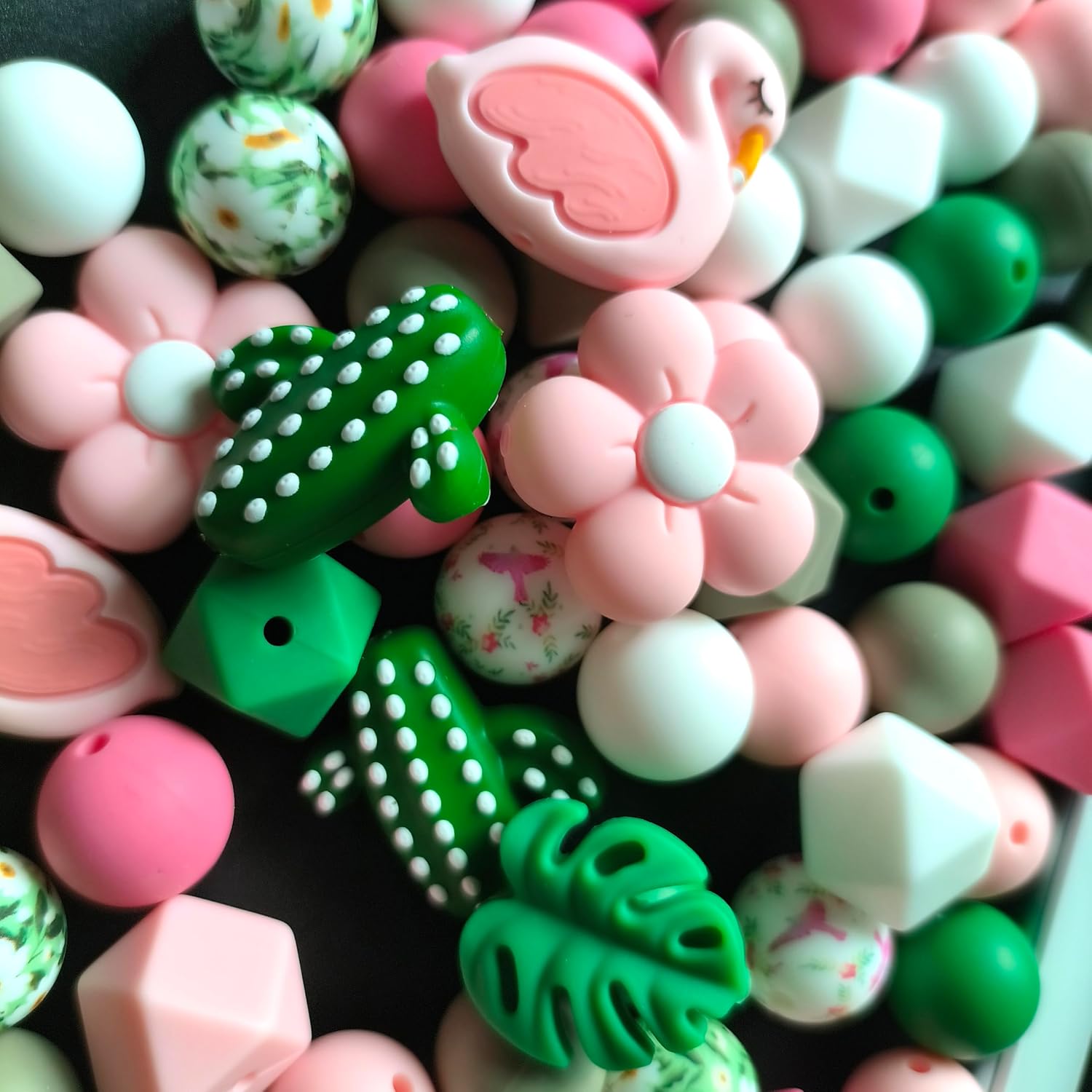 73Pcs Flamingo Silicone Beads Set Round Silicone Bead Bulk 15mm 14mm Pink Green Rubber Focal Beads Flower DIY Crafts Loose Spacer Bead for Pens Keychain Bracelet Necklace Lanyard Making - Image 4