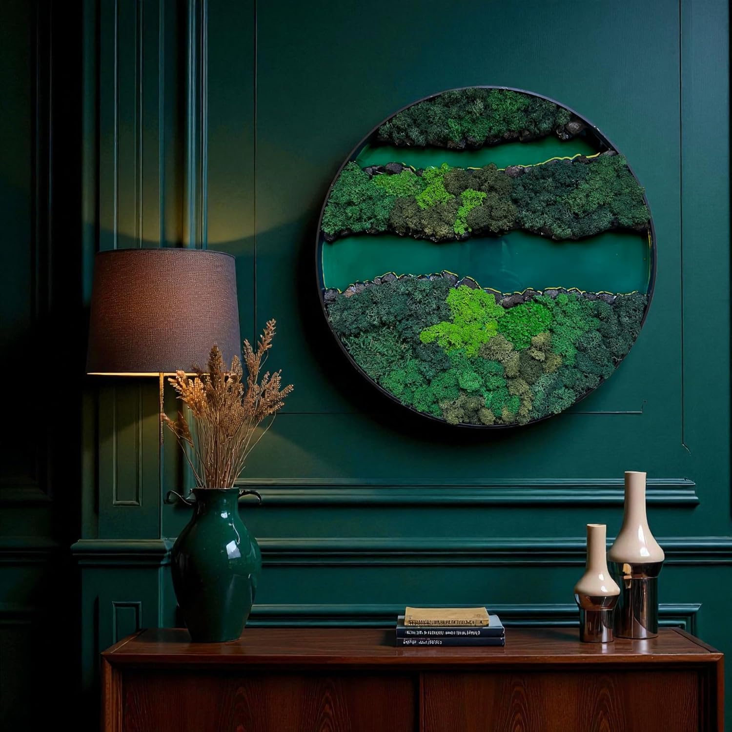 Serenzy 16" Round Moss Wall Art with Teal Epoxy River and Volcanic Rock | 3D Preserved Biophilic Decor | Zero Maintenance Office & Home Accent | Unique Housewarming Gift