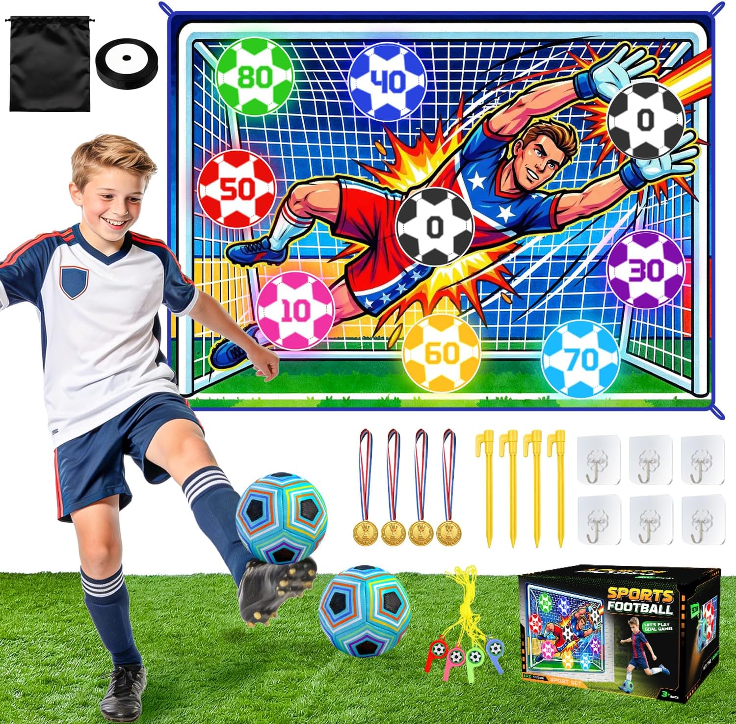 Soccer Ball Game Set for Kids Sticky Flannel Target with 2 Balls, Indoor Outdoor Backyard Shooting Toss Game, Sticky Soccer Ball Game Sports Toys Gift for Boys Girls 3-5 6-8 8-12 Year Old