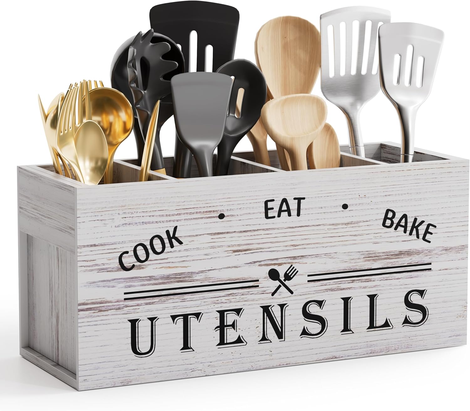 ZUJJAFY Utensil Holder for Kitchen Counter, Large Kitchen Utensil Holder for Countertop with 4 Compartments, Wooden Cooking Utensil Organizer for Spatula Storage, White