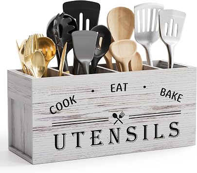 ZUJJAFY Utensil Holder for Kitchen Counter, Large Kitchen Utensil Holder for Countertop with 4 Compartments, Wooden Cooking Utensil Organizer for Spatula Storage, White
