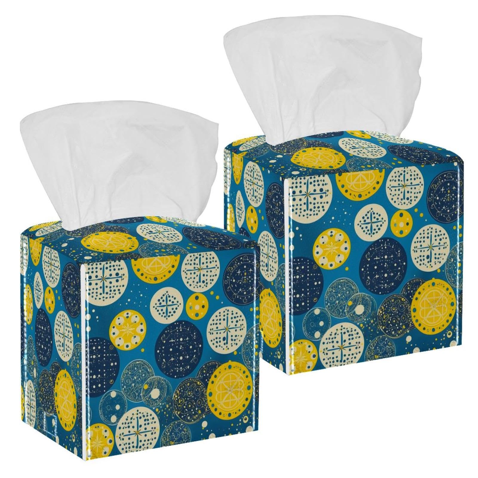 Circles and Dots Tissue Box Cover, 2 Pack PU Leather Square Facial Tissue Dispenser Box holder for Home Office Car