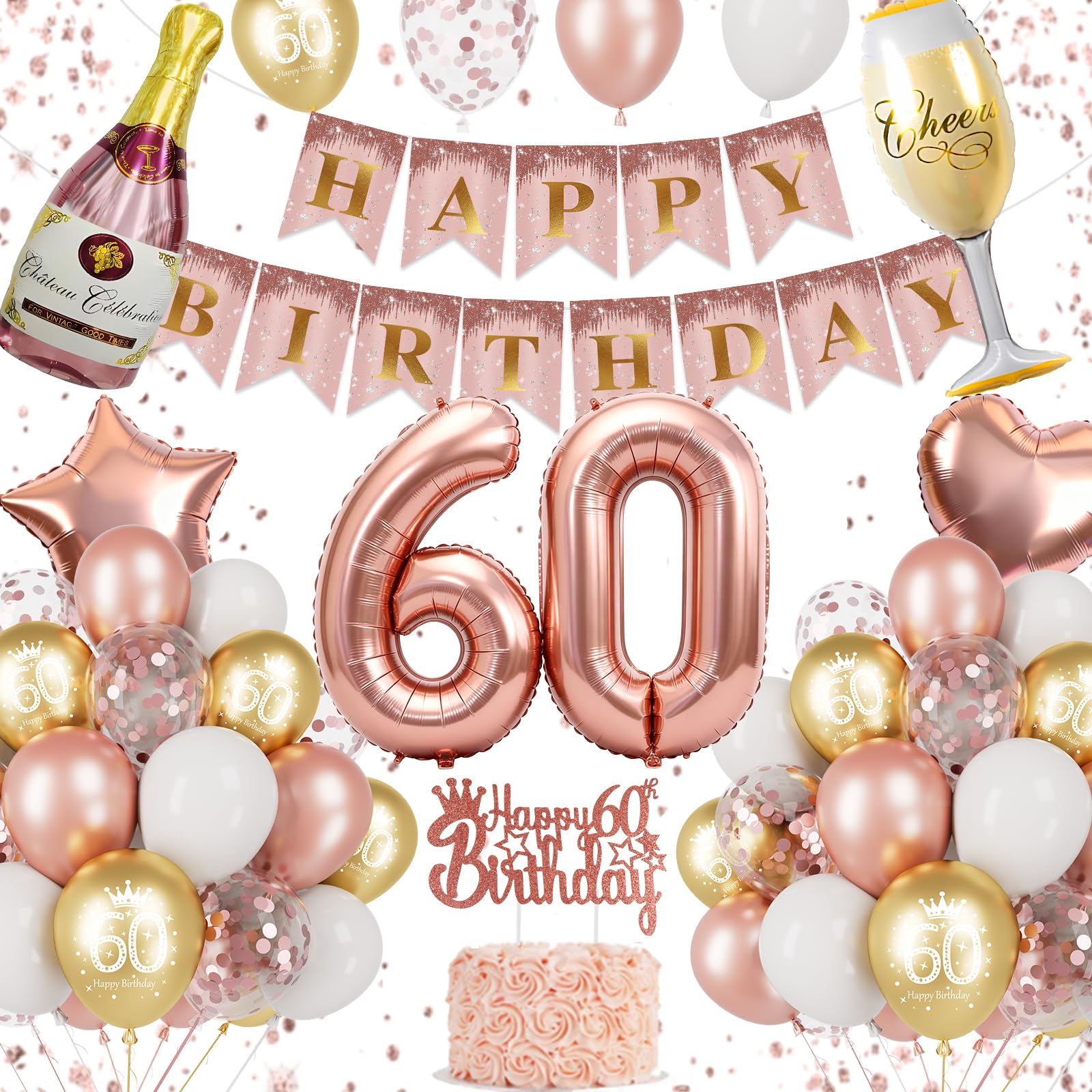 60th Birthday Decorations, Rose Gold 60th Birthday Decorations for Women, 60th Birthday Balloons, Birthday Banner, 60 Balloon, Champagne & Wine Glass Foil Balloons, Cake Topper, 60th Party Supplies