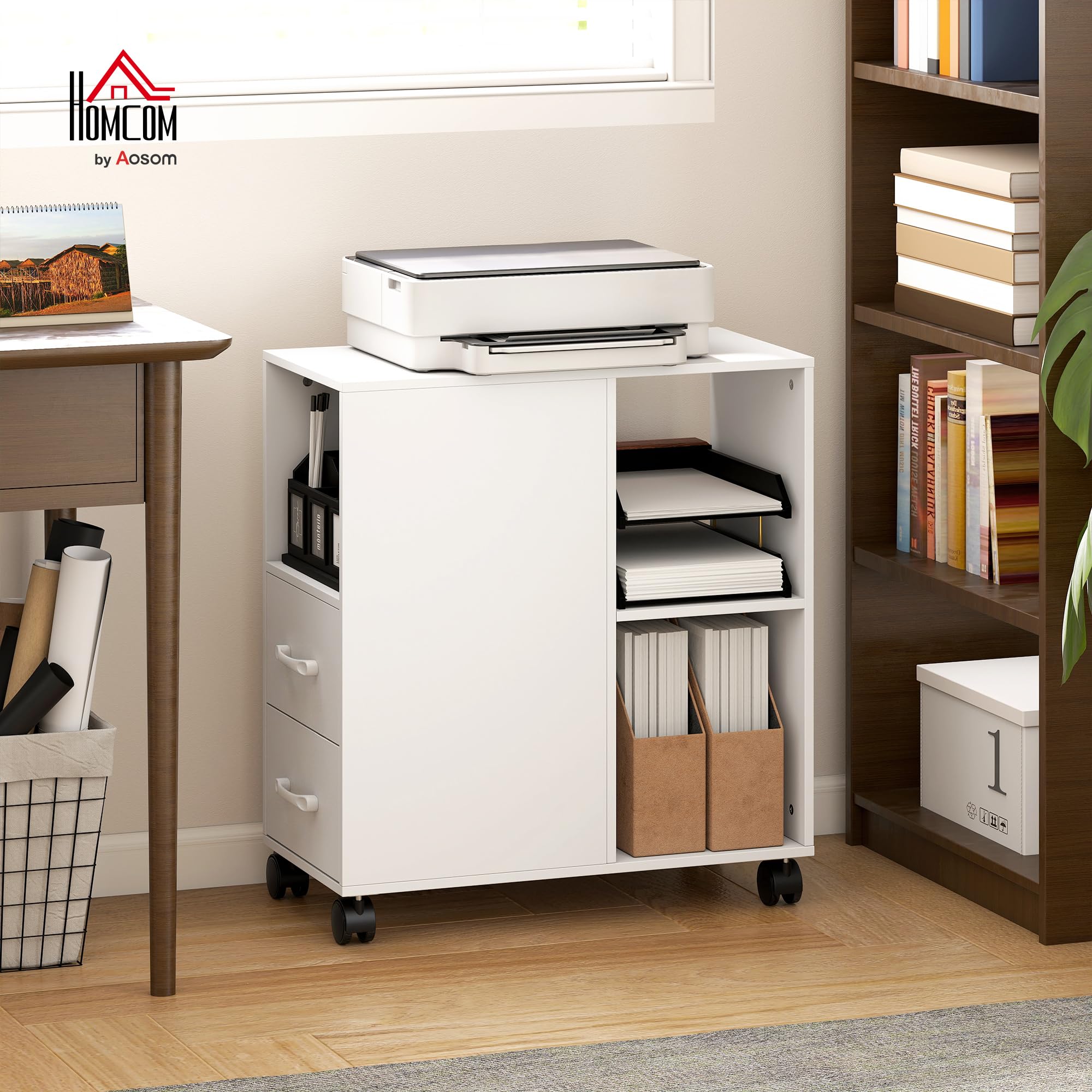 HOMCOM Mobile Porta Stampante a Rotelle con 2 Cassetti, Vano Aperto e Ripiano Regolabile, Mobile Stampante per Documenti da Ufficio e Studio, 60x30x65 cm, Bianco