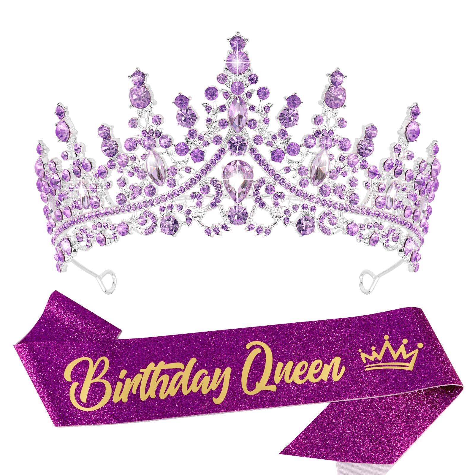 VELSCRUN Birthday Queen Tiara Crowns for Women Girls Purple Crystal Birthday Queen Headband Sash Elegant Princess Crown Happy Birth Party Decorations Mom Sisters Birth Gift Hair Accessories
