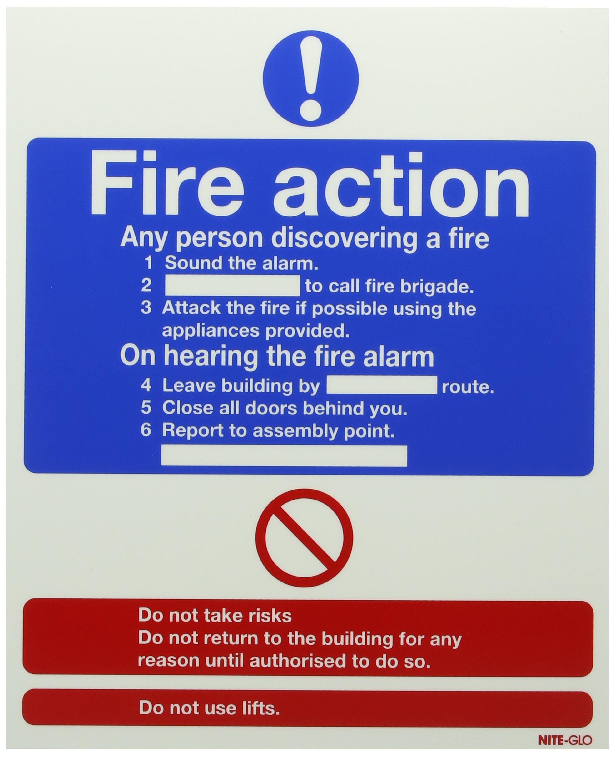 SIGNSLAB FR03527M Safety Sign "Niteglo Fire Action", PVC, 300 mm x 250 mm