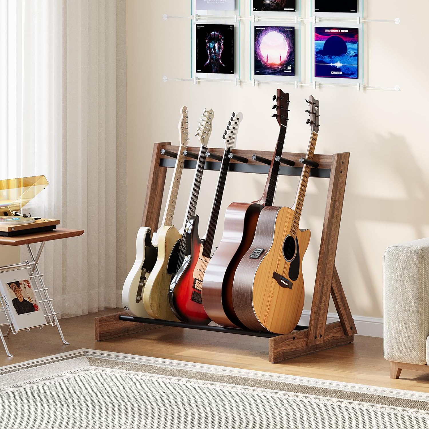 MAHANCRIS Guitar Stand, Hardwood Guitar Rack for Multiple Instruments, Multi-Guitar Storage for 3 Acoustic, 5-6 Electric or Bass, Wooden Floor Acoustic Stand, Instrument Rack Holder, for Home Music Studio, Walnut and Black GSHA7501
