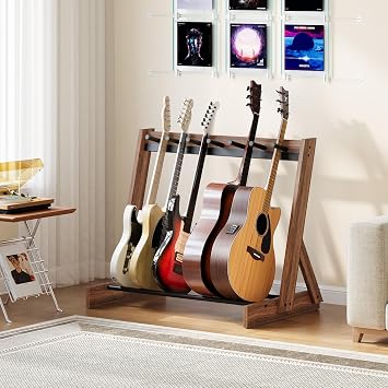 MAHANCRIS Guitar Stand,Hardwood Guitar Rack for Multiple Instruments | Multi-Guitar Storage for 3 Acoustic, 5-6 Electric or Bass, Wooden Floor Acoustic Stand, Instrument Rack Holder