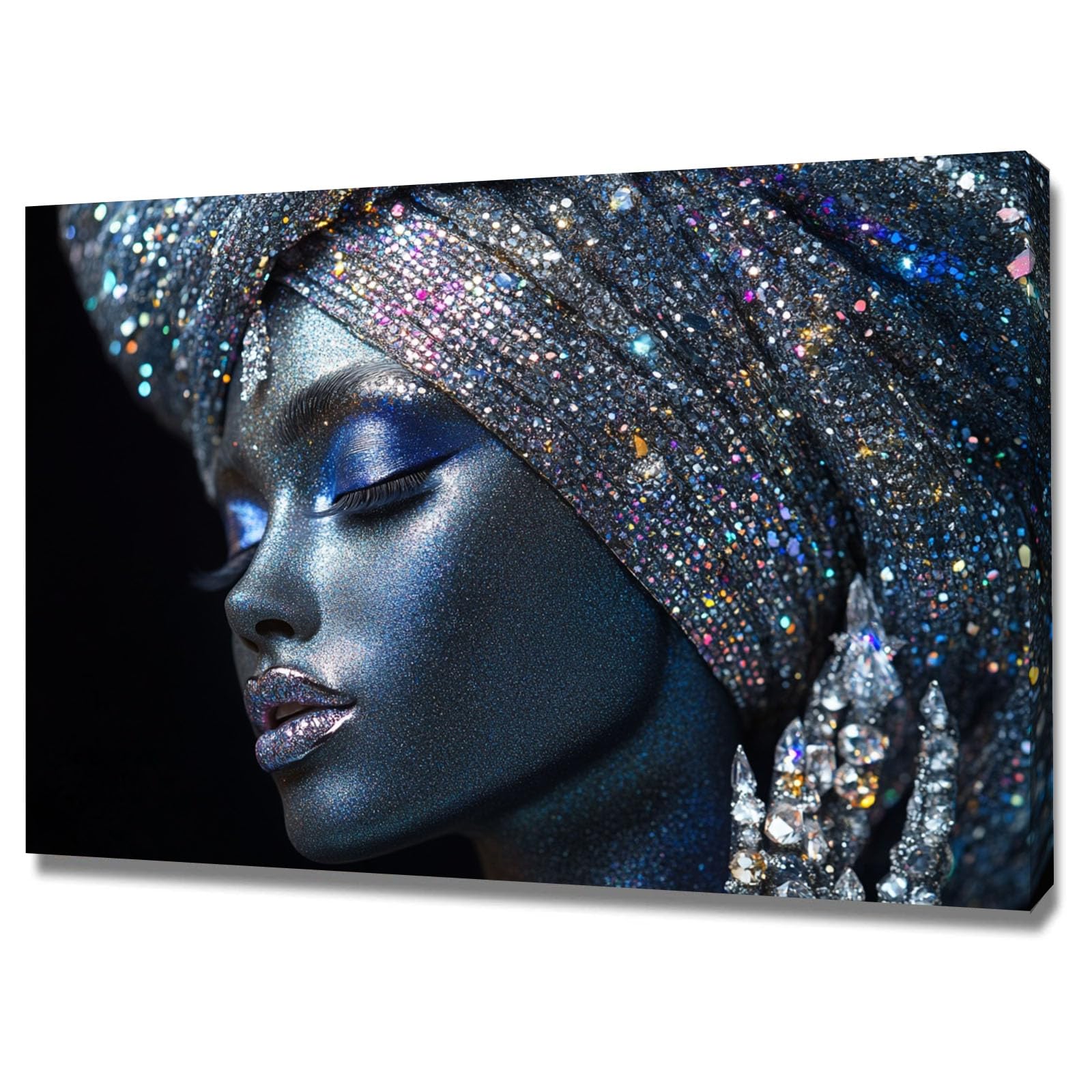 TERUEA Small Canvas Print - Modern Wall Art Woman With Glittery Turban And Blue Makeup Portrait - Floral Woman Face - Living & Home Decor with Easy Hang Guide(Silver)-40x60cm Framed