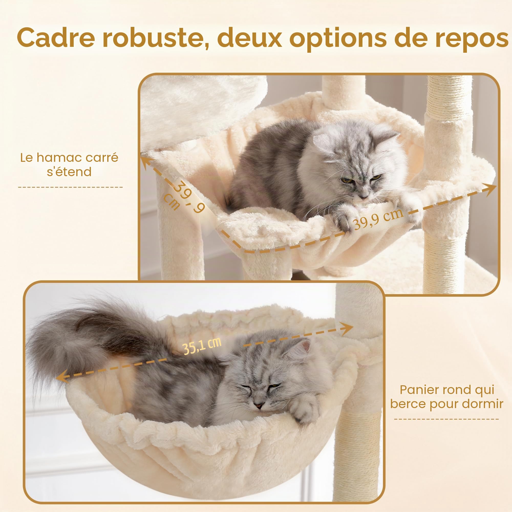 Heybly Arbre à Chat XXL 193cm, Base Extra Large, Tour Lourde avec 10 Poteaux en Sisal et 2 Hamacs pour Chats, 2 Niches Design, Mobilier et Couchage pour Chats Géants, Beige HCT039M